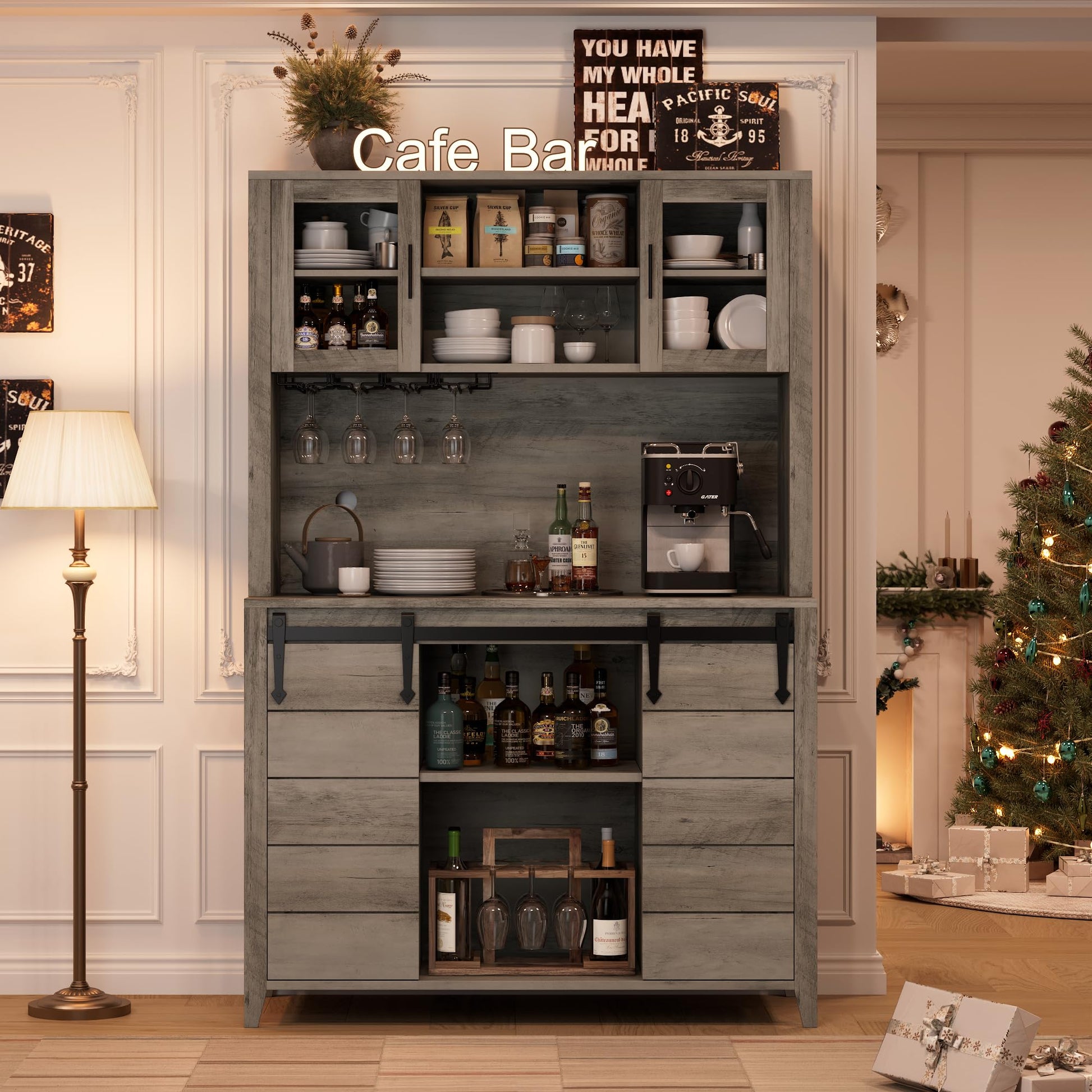 Garvee 70'' Wine Coffee Bar Cabinet with Storage Hutch, Tall Kitchen Pantry Liquor Cabinet with Sliding Barn Doors, Bottle Glasses Rack, Farmhouse Buffet for Home Dining Room, Grey
