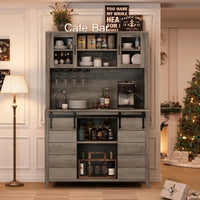 Garvee 70'' Wine Coffee Bar Cabinet with Storage Hutch, Tall Kitchen Pantry Liquor Cabinet with Sliding Barn Doors, Bottle Glasses Rack, Farmhouse Buffet for Home Dining Room, Grey