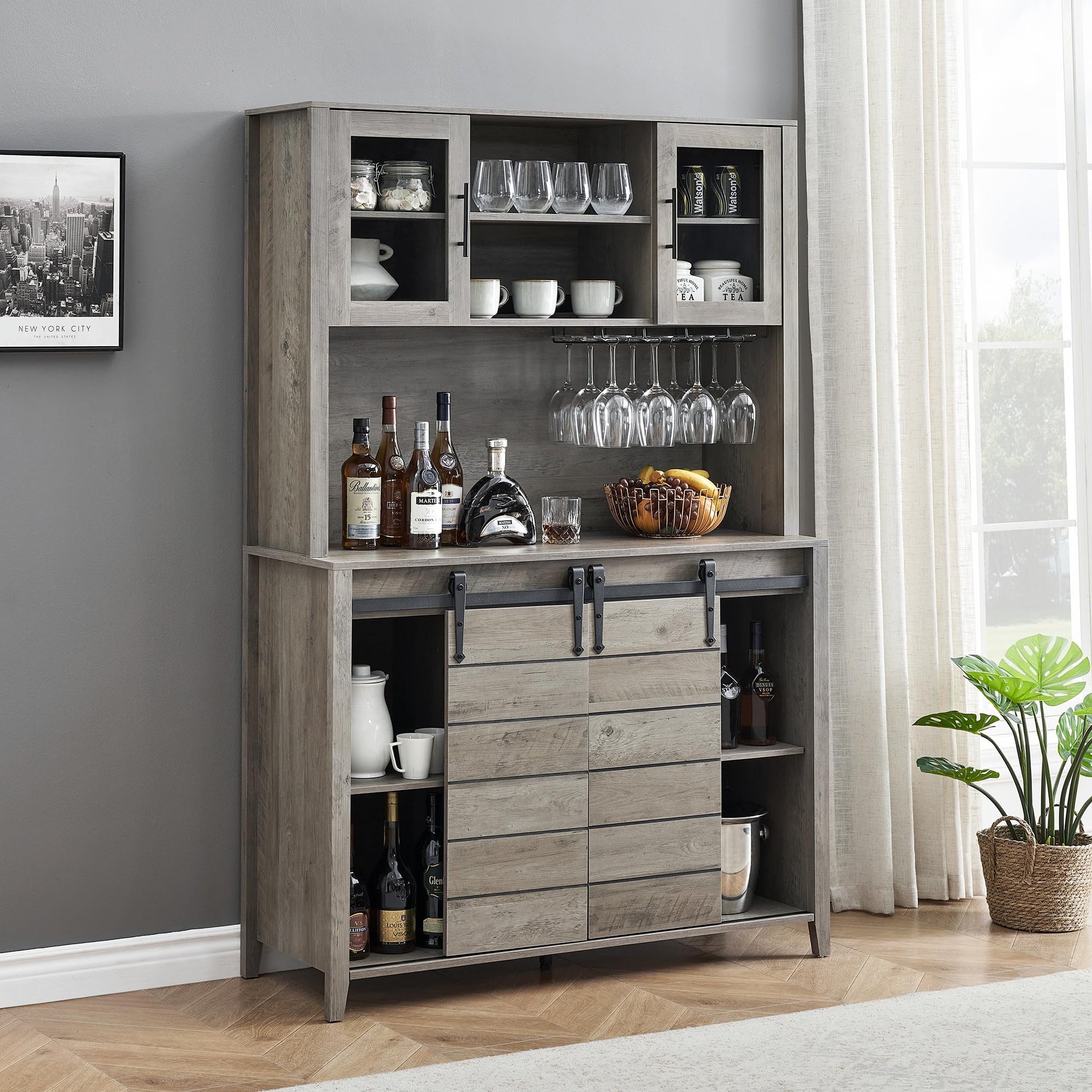 Garvee 70'' Wine Coffee Bar Cabinet with Storage Hutch, Tall Kitchen Pantry Liquor Cabinet with Sliding Barn Doors, Bottle Glasses Rack, Farmhouse Buffet for Home Dining Room, Grey