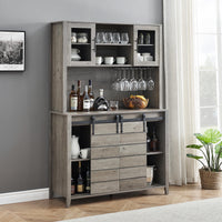 Garvee 70'' Wine Coffee Bar Cabinet with Storage Hutch, Tall Kitchen Pantry Liquor Cabinet with Sliding Barn Doors, Bottle Glasses Rack, Farmhouse Buffet for Home Dining Room, Grey