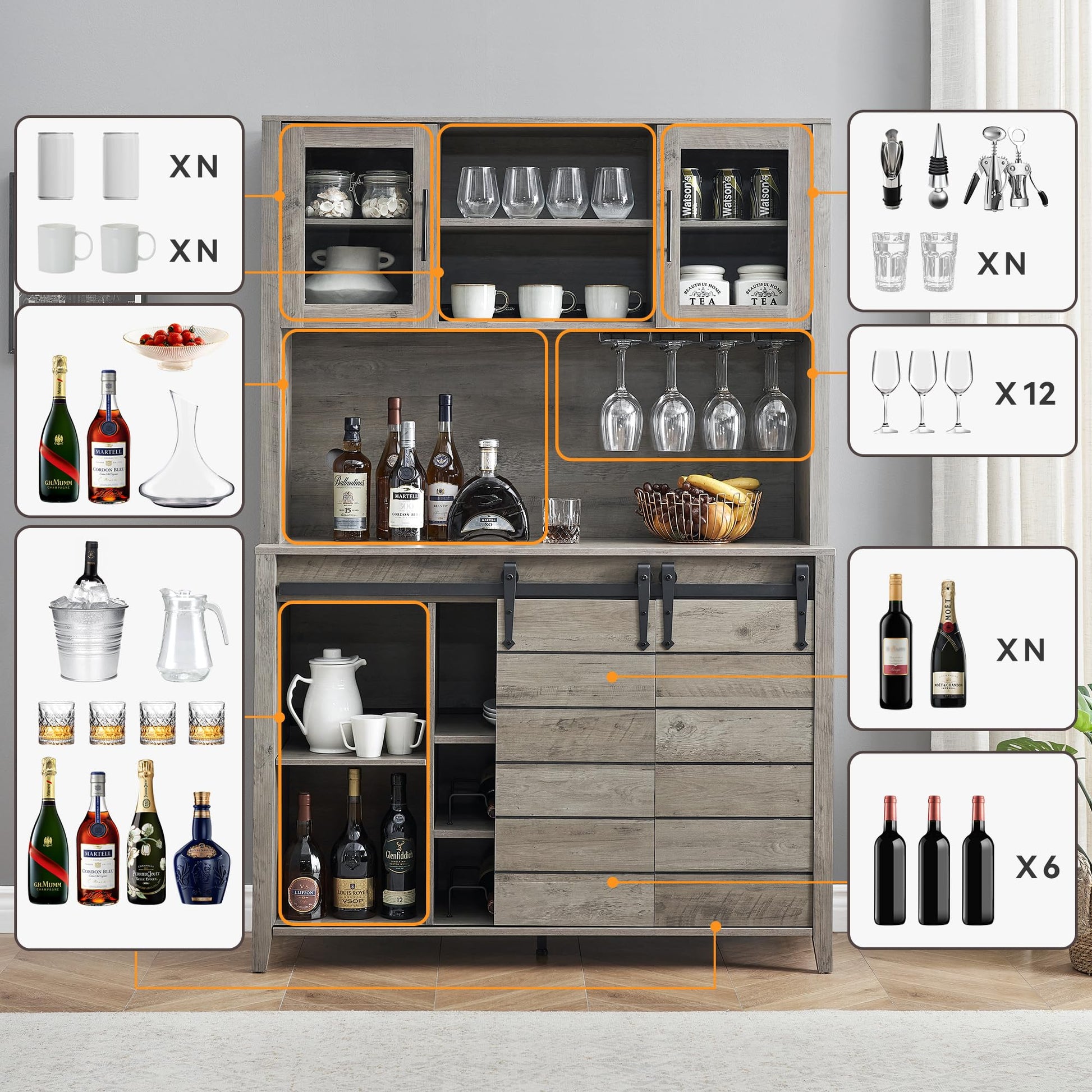 Garvee 70'' Wine Coffee Bar Cabinet with Storage Hutch, Tall Kitchen Pantry Liquor Cabinet with Sliding Barn Doors, Bottle Glasses Rack, Farmhouse Buffet for Home Dining Room, Grey