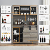 Garvee 70'' Wine Coffee Bar Cabinet with Storage Hutch, Tall Kitchen Pantry Liquor Cabinet with Sliding Barn Doors, Bottle Glasses Rack, Farmhouse Buffet for Home Dining Room, Grey