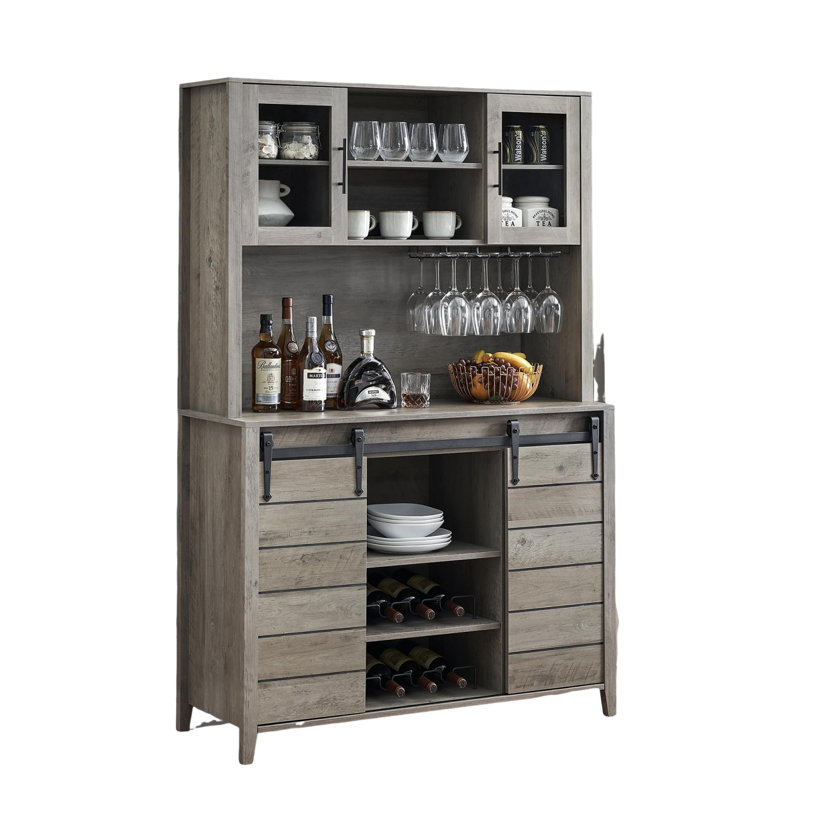 Garvee 70'' Wine Coffee Bar Cabinet with Storage Hutch, Tall Kitchen Pantry Liquor Cabinet with Sliding Barn Doors, Bottle Glasses Rack, Farmhouse Buffet for Home Dining Room, Grey