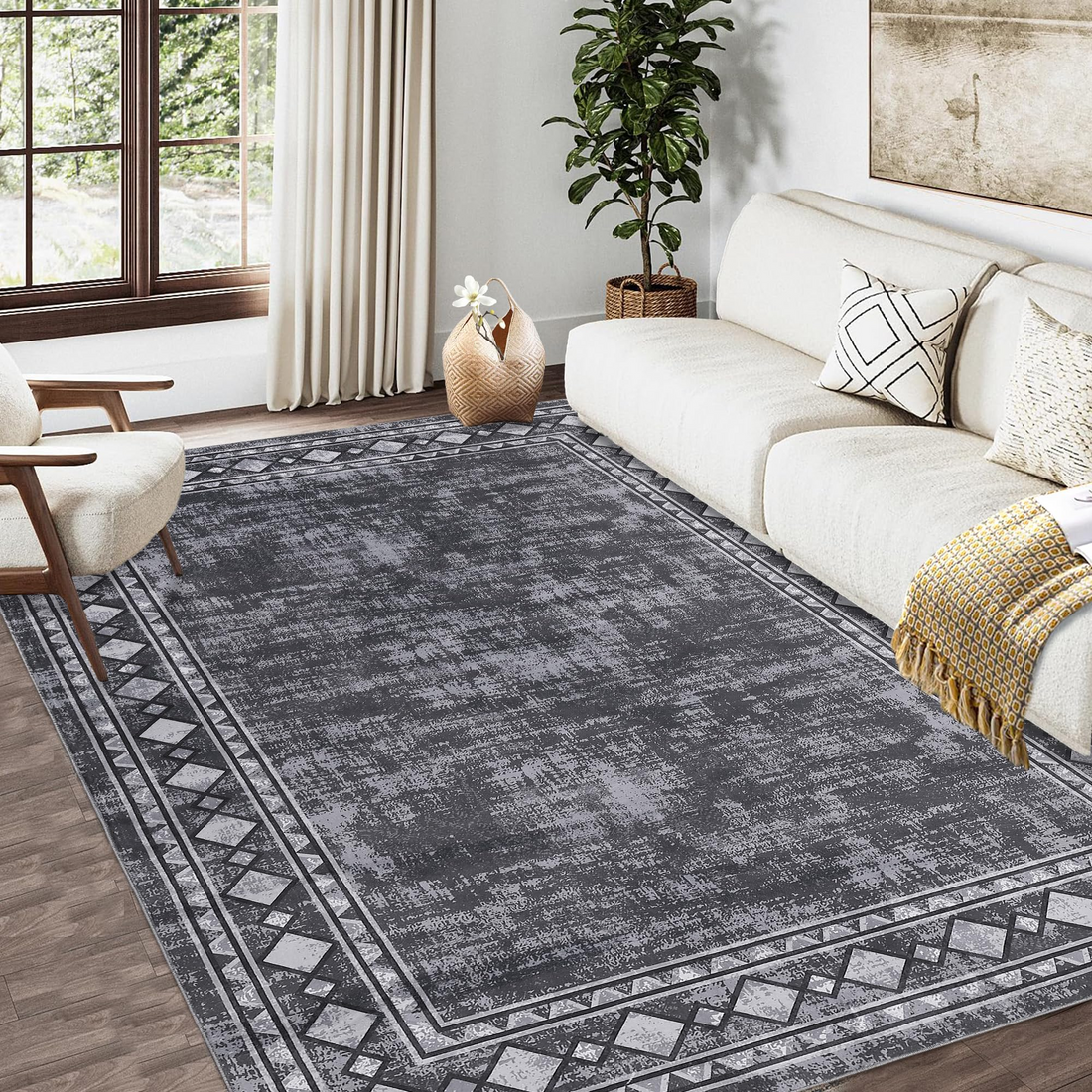 Garvee Bordered Grey 4x6 Machine Washable for Living Room Modern Area Rug, Non-Slip Stain Resistant Accent Rug Indoor Minimalist Border Floor Cover Carpet for Bedroom
