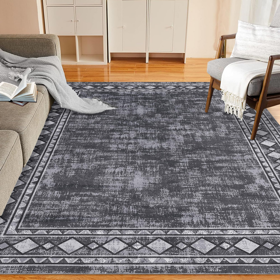 Garvee Bordered Grey 4x6 Machine Washable for Living Room Modern Area Rug, Non-Slip Stain Resistant Accent Rug Indoor Minimalist Border Floor Cover Carpet for Bedroom