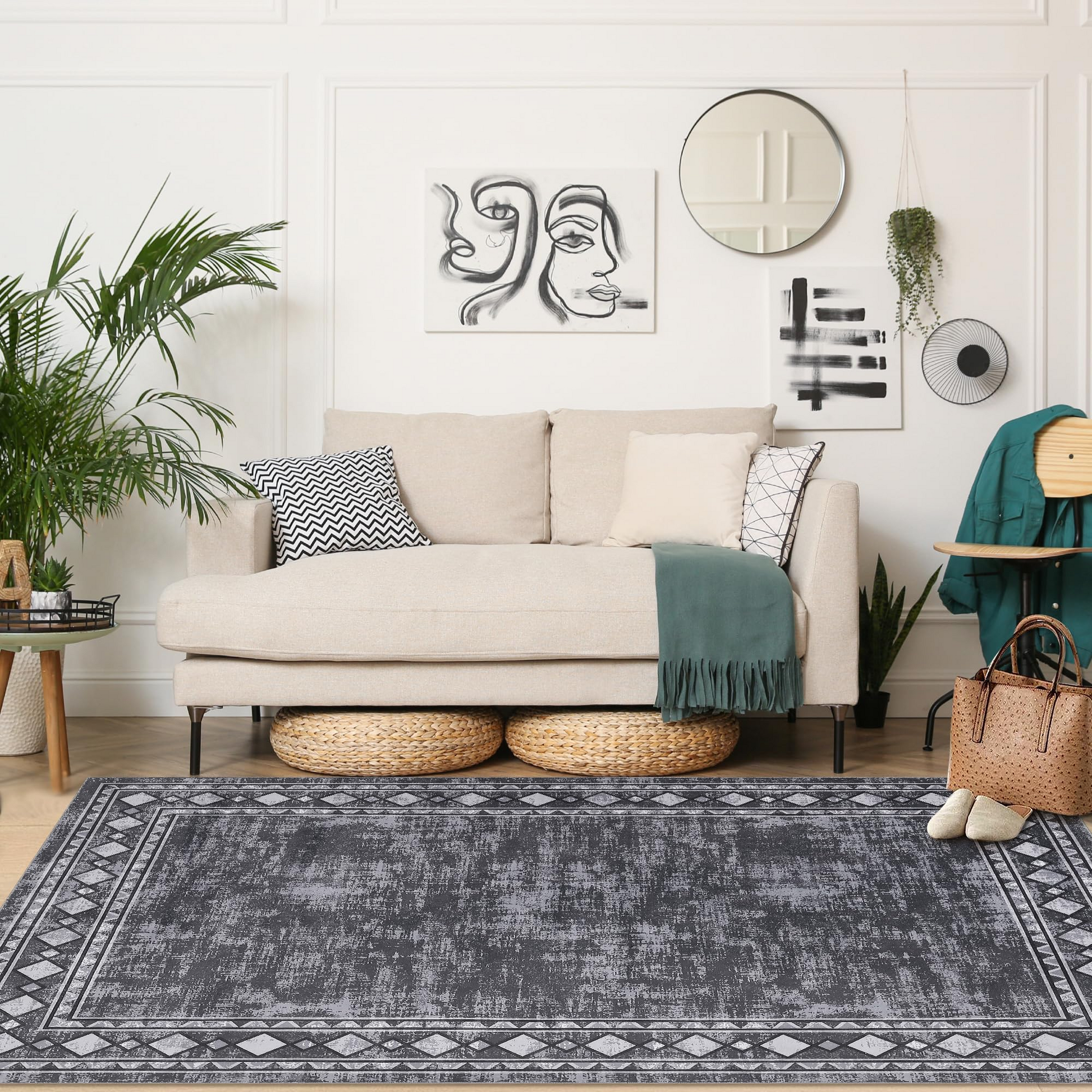Garvee Bordered Grey 4x6 Machine Washable for Living Room Modern Area Rug, Non-Slip Stain Resistant Accent Rug Indoor Minimalist Border Floor Cover Carpet for Bedroom
