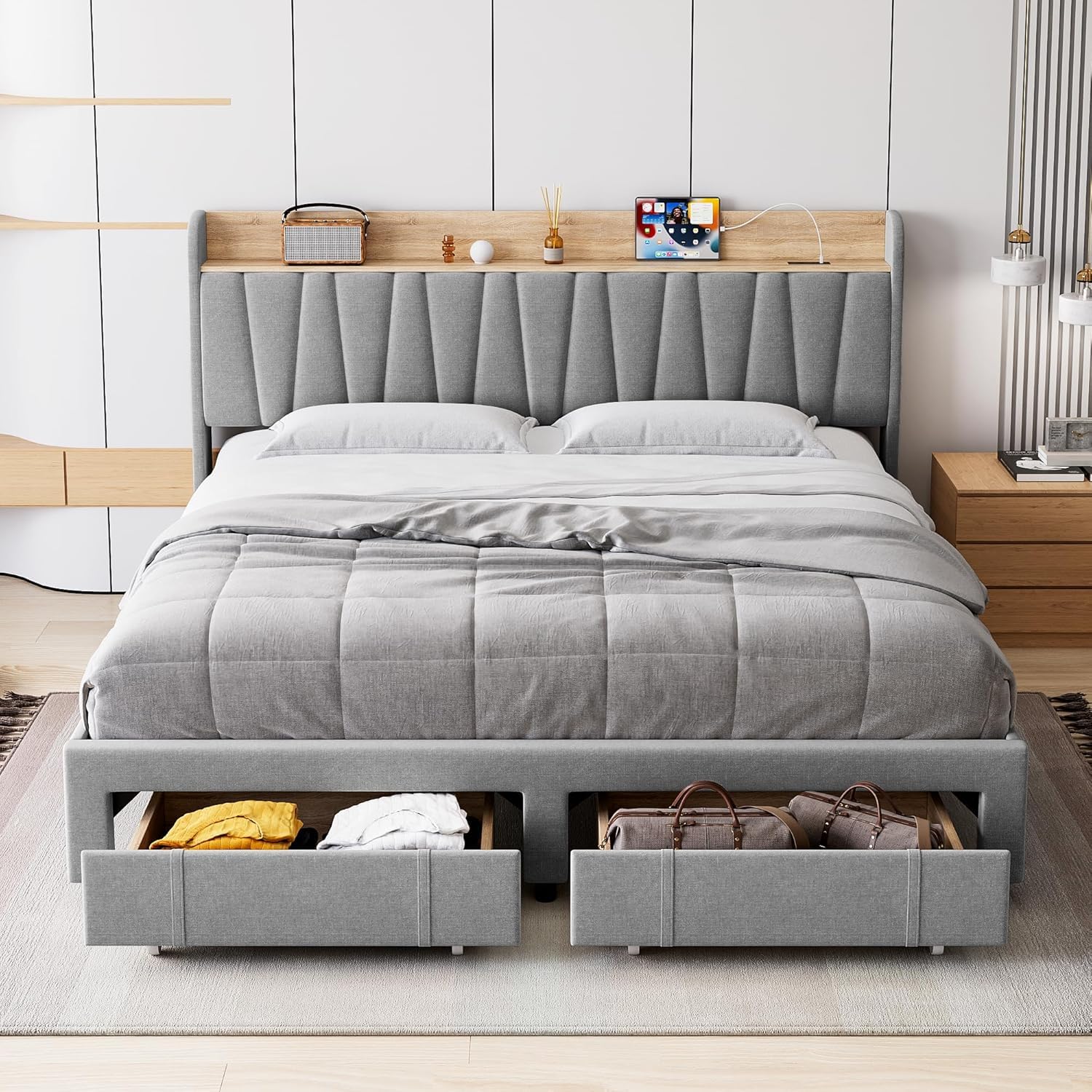 Garvee King Size Bed Frame with Storage Headboard and Charging Station, Upholstered Platform Bed Frame with Drawer, Mattress Foundation with Solid Wooden Slats Support, No Box Spring Needed, Light Grey