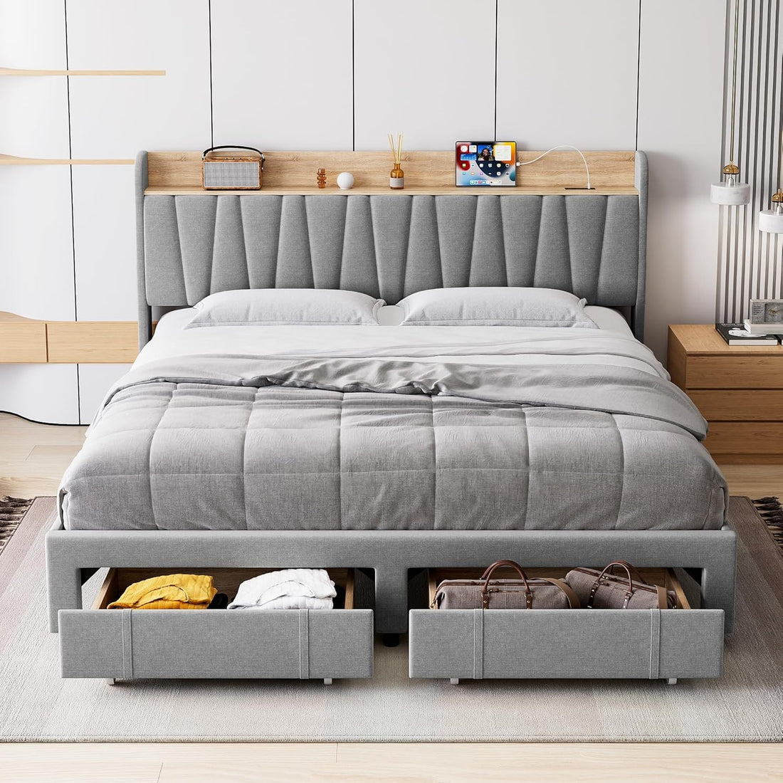 Garvee King Size Bed Frame with Storage Headboard and Charging Station, Upholstered Platform Bed Frame with Drawer, Mattress Foundation with Solid Wooden Slats Support, No Box Spring Needed, Light Grey