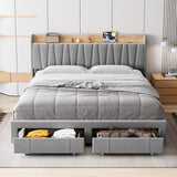 Garvee King Size Bed Frame with Storage Headboard and Charging Station, Upholstered Platform Bed Frame with Drawer, Mattress Foundation with Solid Wooden Slats Support, No Box Spring Needed, Light Grey - Light Grey