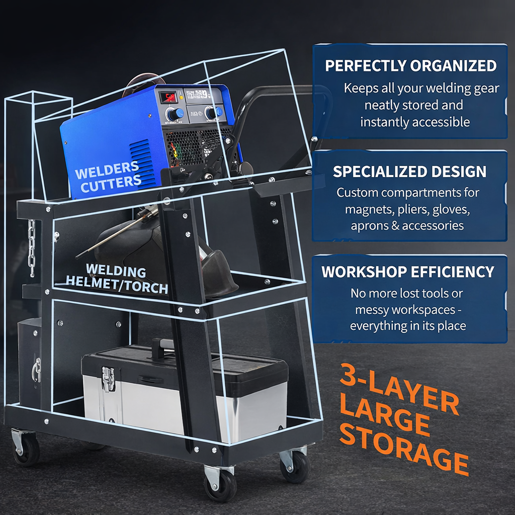 Garvee 3 Tier Welding Cart Heavy Duty Welder Cart With 360° Swivel Wheels Tank Storage Safety Chains Rolling MIG Welder Cart Black