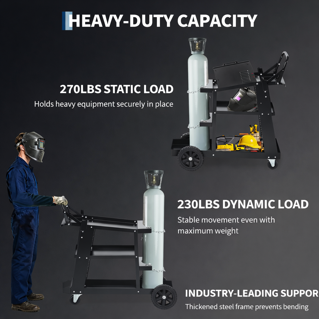 Garvee 3 Tier Welding Cart Heavy Duty Welder Cart With 360° Swivel Wheels Tank Storage Safety Chains Rolling MIG Welder Cart Black