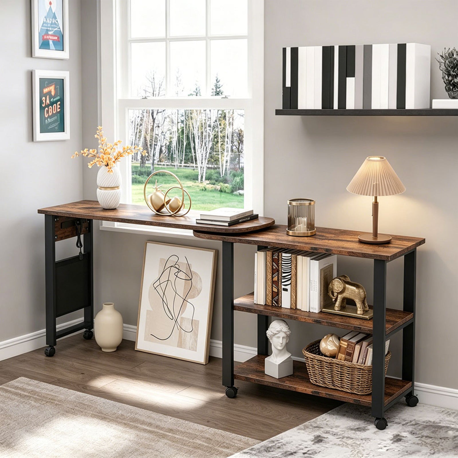 Garvee 360° Rotating End Table with Charging Station, 3-Tier Storage, Side Pocket & 6 Locking Wheels, Convertible Sofa and Console Table
