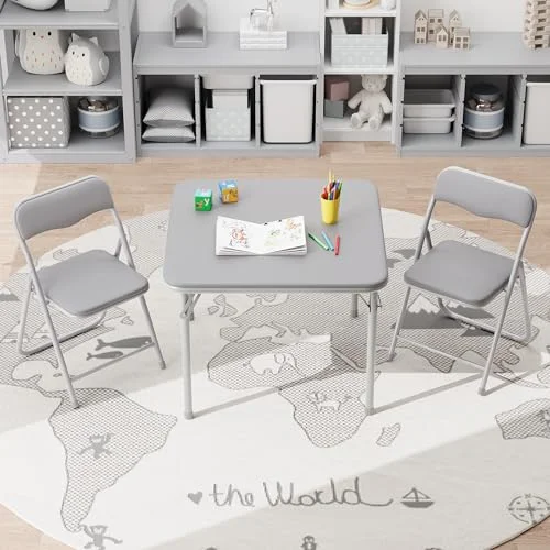 Garvee Boys and Girls Folding Table and Chairs Set of 3, Portable Table and Chair with Pu Soft Cushion, No Installation Required, Suitable for Eating, Reading and Playing, Grey
