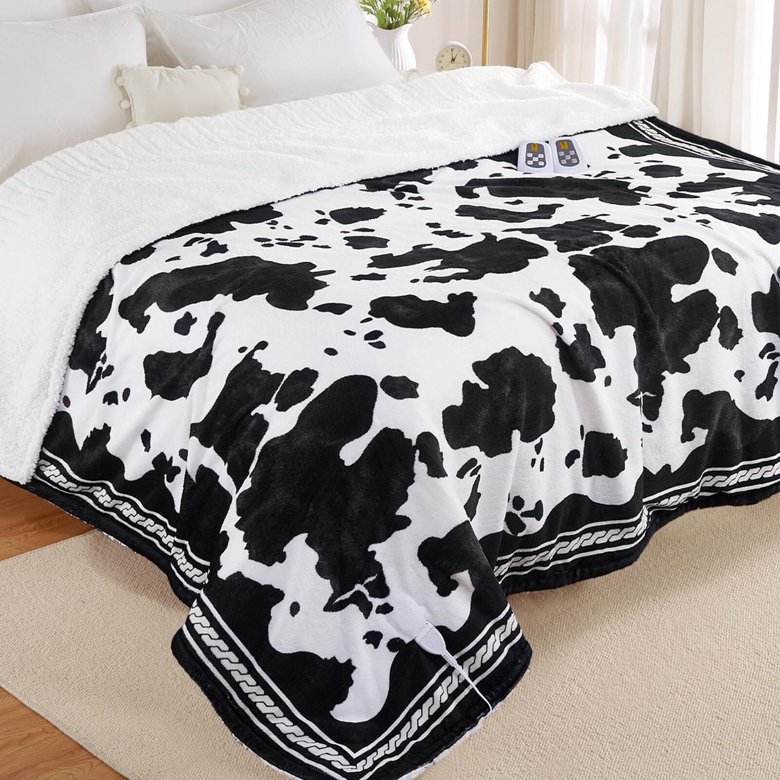 Garvee Heated Electric Blanket King Size with LCD Dual Controller, Cow Print Heating Blankets, 10 Heat Levels & 1-12H Time Settings, ETL Certified, Machine Washable, Brown Black, 100" x 90"