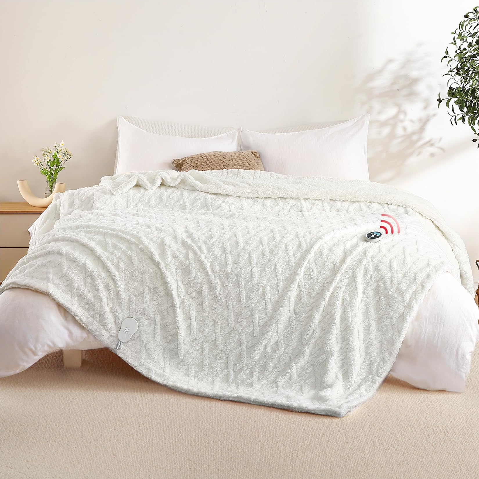 Garvee Electric Heated Blanket Wireless, King Size Electric Blanket with Dual Control, Fast Heating Blanket with 10 Heating& 10 Time Settings, Tufted Sherpa Heated Blanket, White, 90"x100"