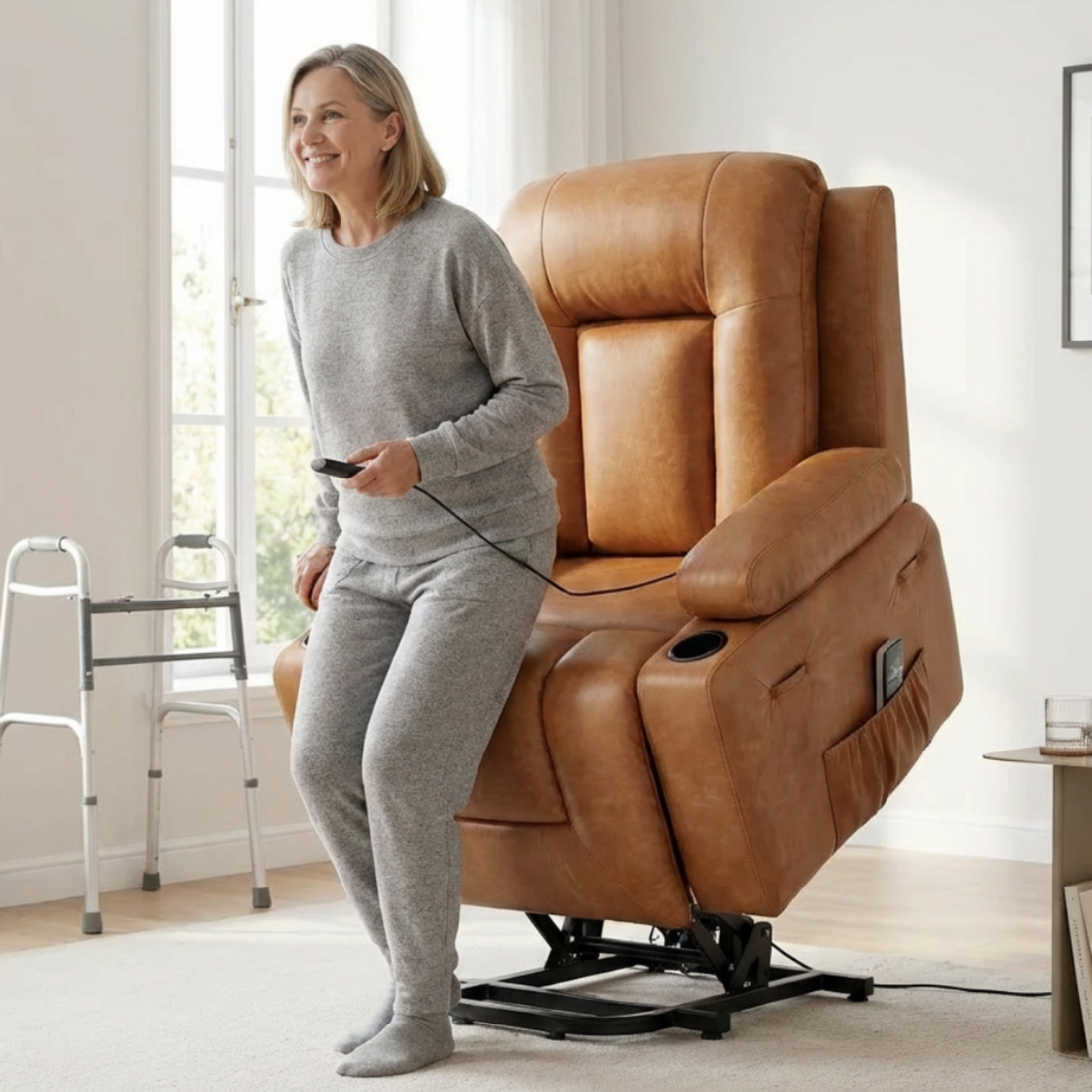 Garvee Power Lift Recliner Chair - Heat and Massage, Adjustable Back and Legs, PU Leather Electric Lift Chair Designed for Mobility Aid Elderly Relaxation, Brown