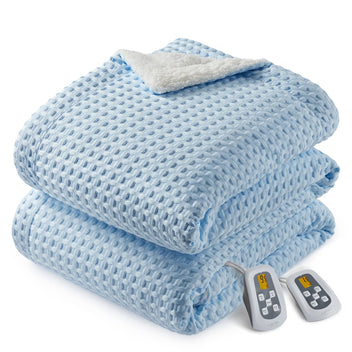 Garvee Heated Blanket King Size with LCD Dual Controller, Waffle Weave Fast Heating Electric Blankets, 10 Heat Levels & 1-12H Time Settings, ETL Certified, Machine Washable, Light Blue, 100" x 90"