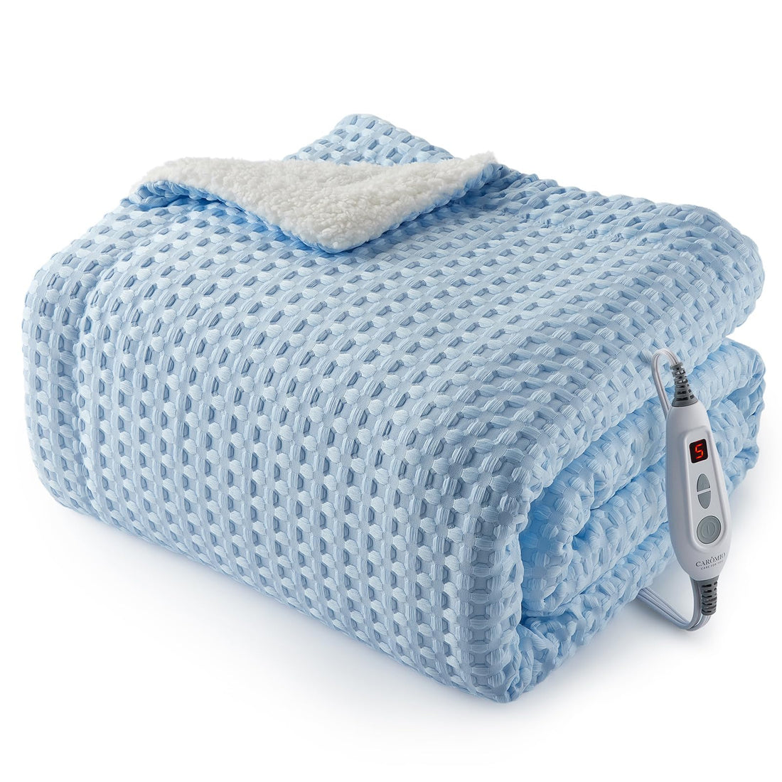Garvee Heated Blanket Throw, Waffle Weave Electric Throw Blanket Fast Heating with LCD Controller, 6 Heat Levels & 4 Hour Auto Shut Off, ETL Certified, Machine Washable, Light Blue, 50" x 60"