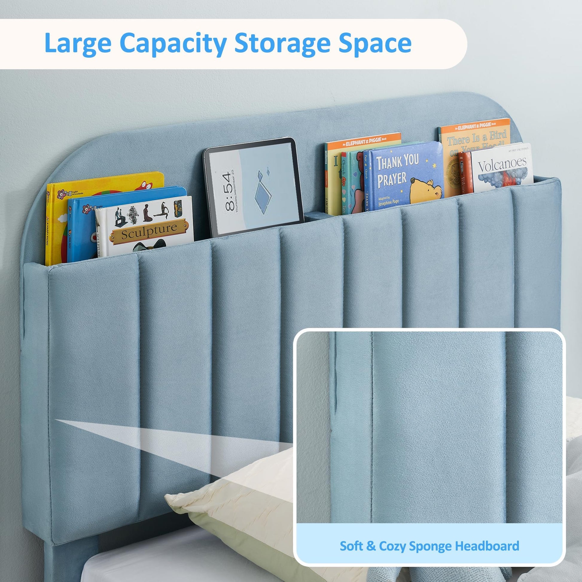 Garvee Twin Bed Frame with Drawer, Velvet Upholstered Platform Bed Frame with Storage Headboard, No Box Spring Needed, Easy Assembly, Noise-Free, Blue