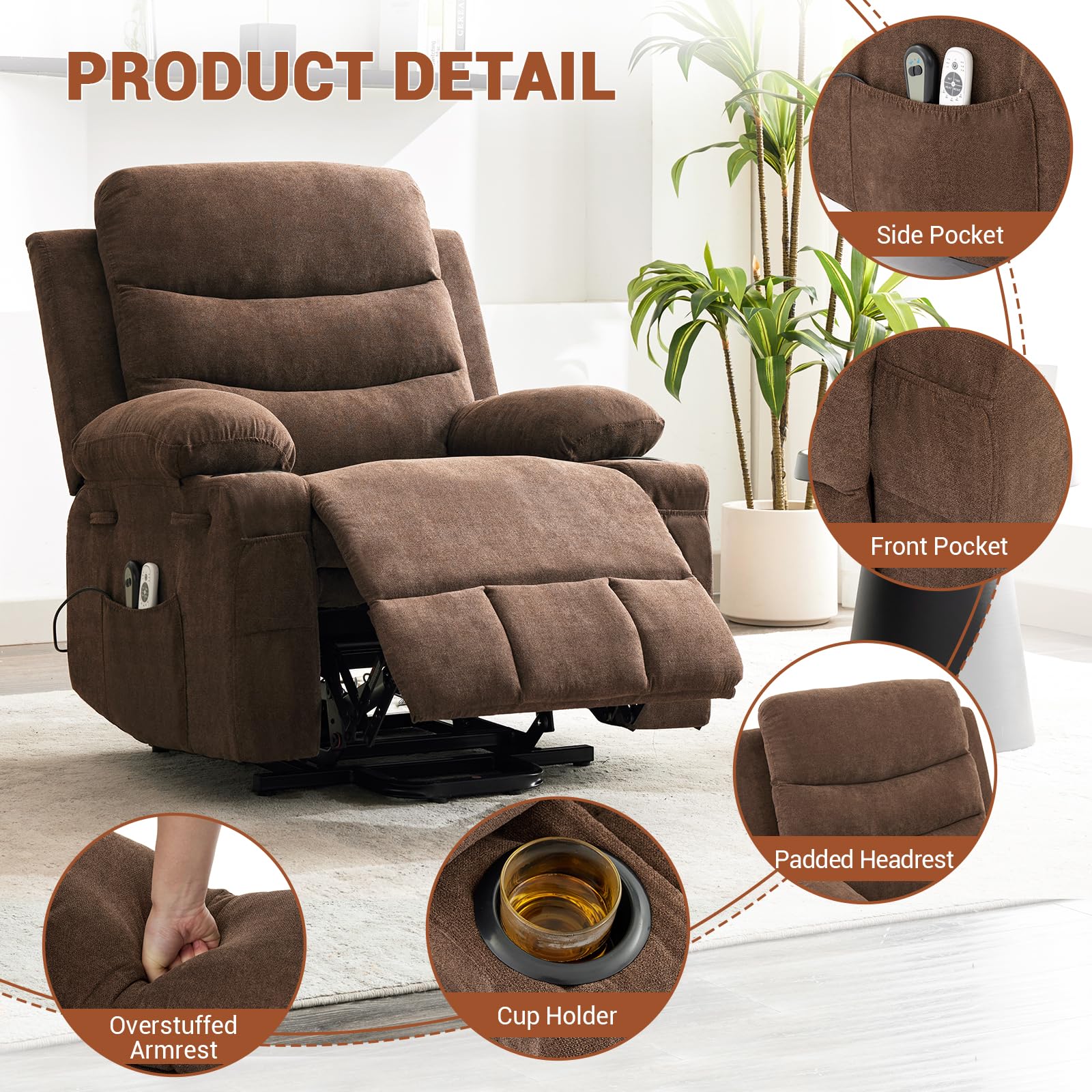 Garvee Recliner Chair Nursery, Oversized Manual Reclining Rocking Chair, Corduroy 360 Swivel Glider with Cup Holder, Massage and Heat Recliner, Small Sofa Chairs for Adults, Living Room, RV, Bedroom, Brown