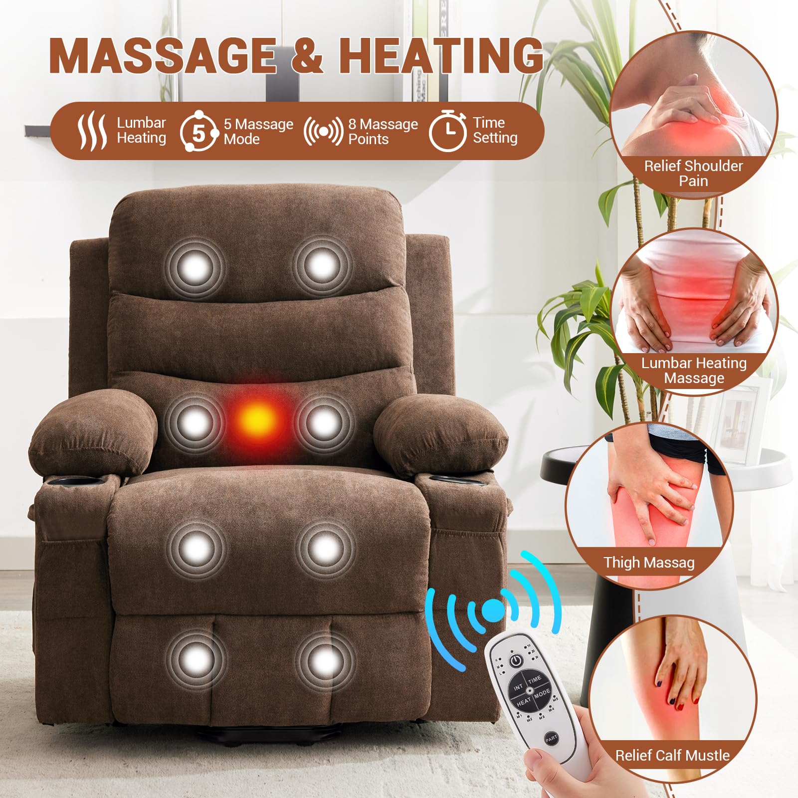 Garvee Recliner Chair Nursery, Oversized Manual Reclining Rocking Chair, Corduroy 360 Swivel Glider with Cup Holder, Massage and Heat Recliner, Small Sofa Chairs for Adults, Living Room, RV, Bedroom, Brown