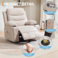 Garvee Swivel Recliner Chair, Oversize Recliners for Elderly with Heat and Massage, Cup Holders, Side Pocket, Single Sofa Seat for Living Room, Beige