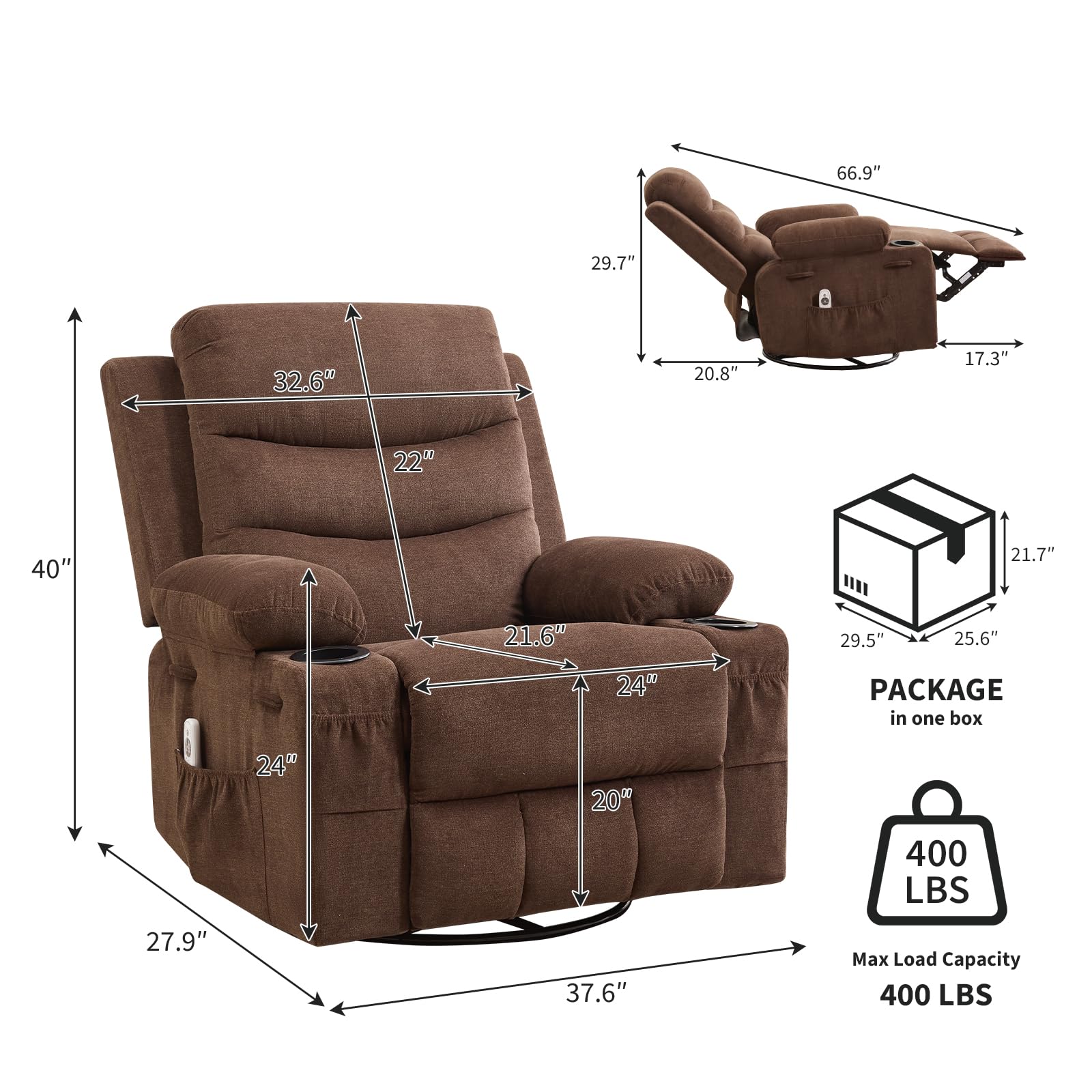 Garvee Recliner Chair Nursery, Oversized Manual Reclining Rocking Chair, Corduroy 360 Swivel Glider with Cup Holder, Massage and Heat Recliner, Small Sofa Chairs for Adults, Living Room, RV, Bedroom, Brown