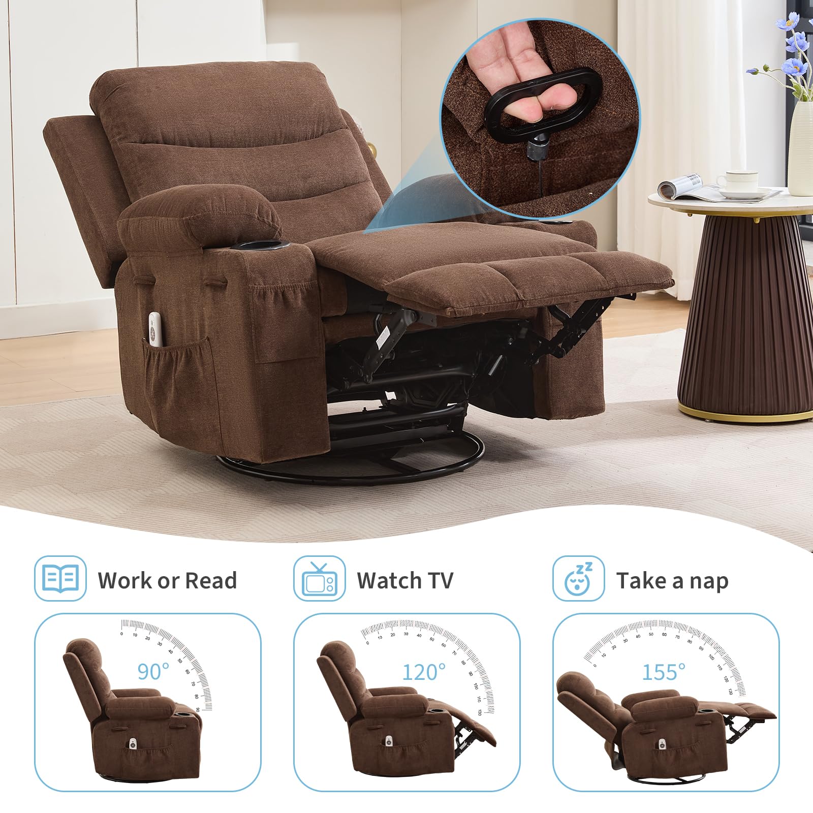 Garvee Recliner Chair Nursery, Oversized Manual Reclining Rocking Chair, Corduroy 360 Swivel Glider with Cup Holder, Massage and Heat Recliner, Small Sofa Chairs for Adults, Living Room, RV, Bedroom, Brown