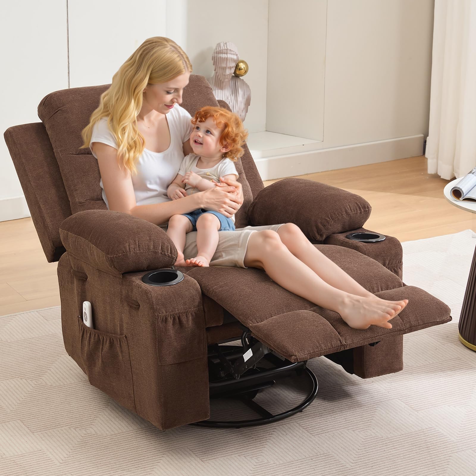 Garvee Recliner Chair Nursery, Oversized Manual Reclining Rocking Chair, Corduroy 360 Swivel Glider with Cup Holder, Massage and Heat Recliner, Small Sofa Chairs for Adults, Living Room, RV, Bedroom, Brown