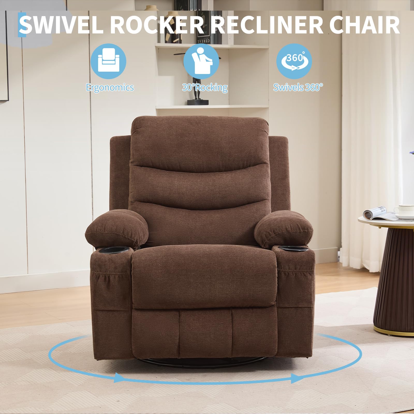 Garvee Recliner Chair Nursery, Oversized Manual Reclining Rocking Chair, Corduroy 360 Swivel Glider with Cup Holder, Massage and Heat Recliner, Small Sofa Chairs for Adults, Living Room, RV, Bedroom, Brown