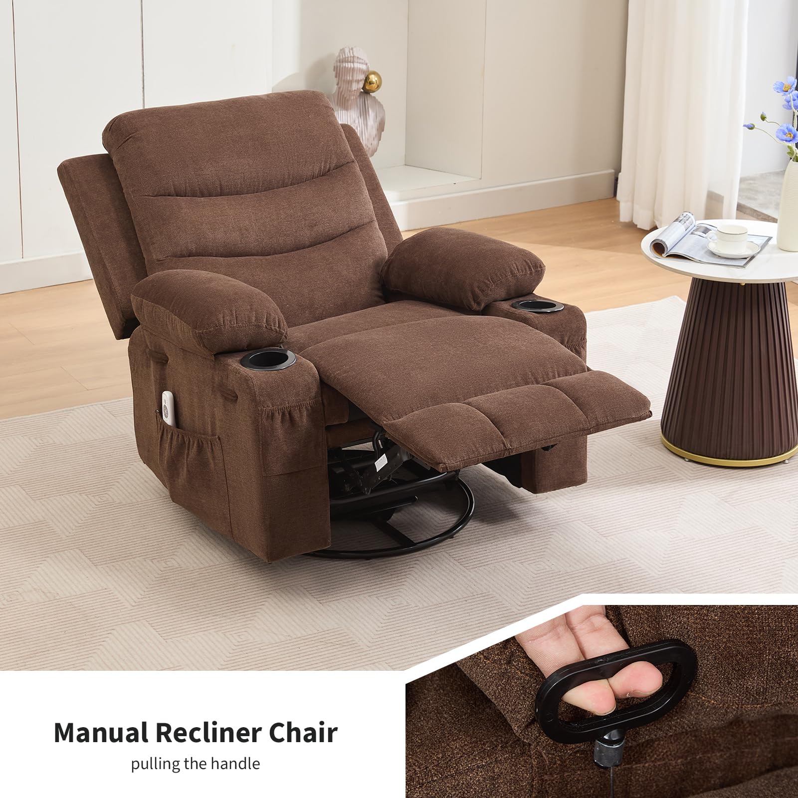 Garvee Recliner Chair Nursery, Oversized Manual Reclining Rocking Chair, Corduroy 360 Swivel Glider with Cup Holder, Massage and Heat Recliner, Small Sofa Chairs for Adults, Living Room, RV, Bedroom, Brown