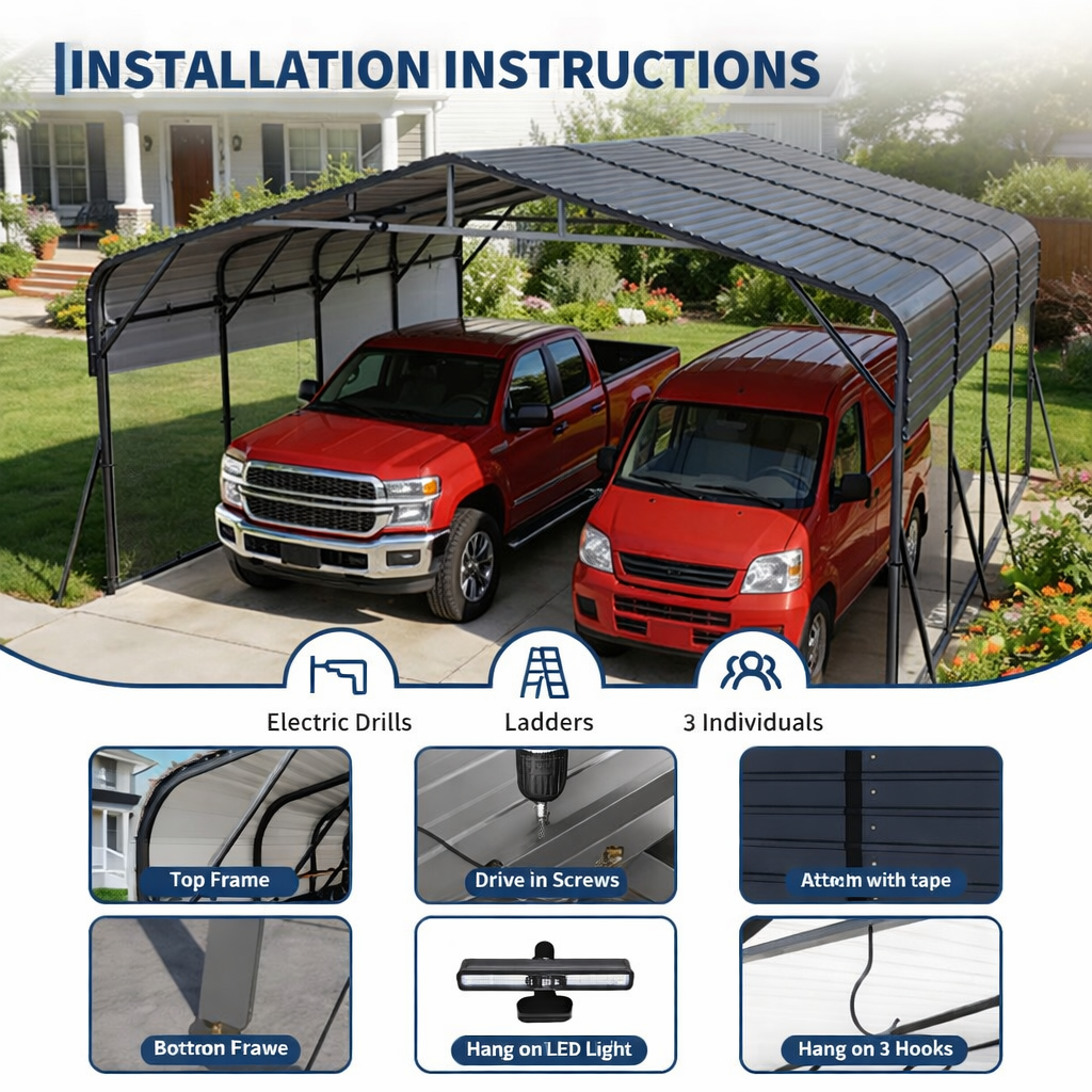 Garvee 20x20 FT Heavy Duty Metal Carport for 2 Cars – Galvanized Steel Roof, Wind & Snow Resistant, Reinforced Frame Outdoor Car Shelter with Solar Light, Dark Gray