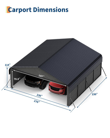 Garvee Enclosed Metal Carport, 20 x 20 x 10 FT 2-Car Steel Shelter with 220 GSM Tarp, Gray, for Pickups, Boats and Tractors