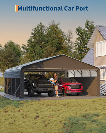 Garvee Enclosed Metal Carport, 20 x 20 x 10 FT 2-Car Steel Shelter with 220 GSM Tarp, Gray, for Pickups, Boats and Tractors