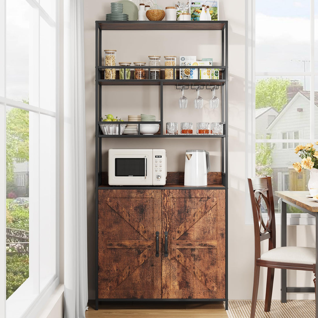 Garvee Tall Bar Cabinet 70.8" in Wine Cabinet Freestanding Liquor Cabinet with Goblet Holder 5 Tier Bakers Rack with Cabinet Large Baker Rack with Storage Standing Microwave Stand Wine Rack