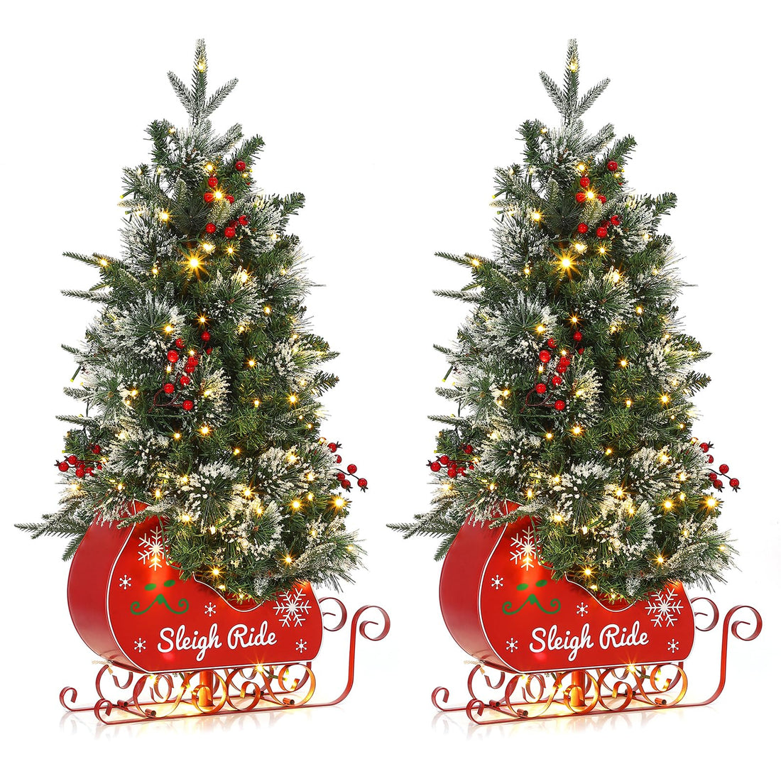 Garvee 3ft Christmas Tree with 78 Lights, Pre-Lit Artificial Desktop Xmas Tree with 8 Mode Includes Red Berries & Sleigh Base for Holiday Indoor DIY Christmas Decor, 2 PCS