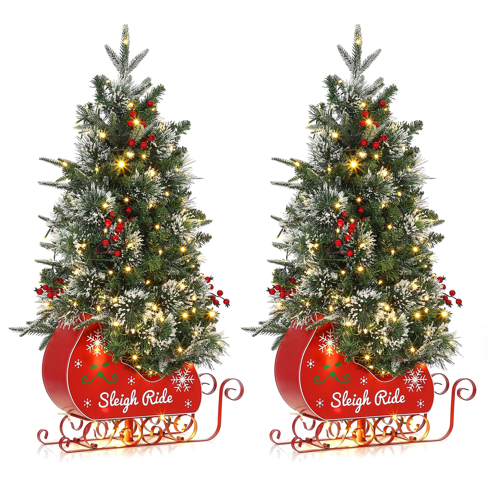 Garvee 3ft Christmas Tree with 78 Lights, Pre-Lit Artificial Desktop Xmas Tree with 8 Mode Includes Red Berries & Sleigh Base for Holiday Indoor DIY Christmas Decor, 2 PCS