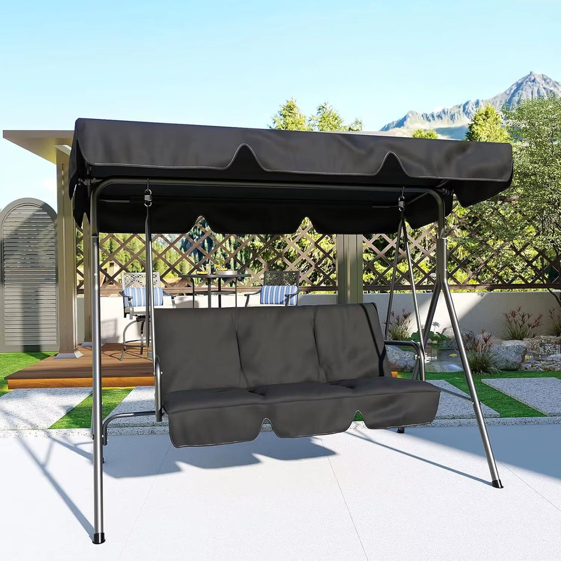 Garvee 3-Person Outdoor Patio Swing Chair with Adjustable Tilt Canopy - Convertible Hanging Glider Lounge for Porch & Backyard,Black