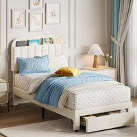 White twin platform bed with under-bed drawer and storage headboard