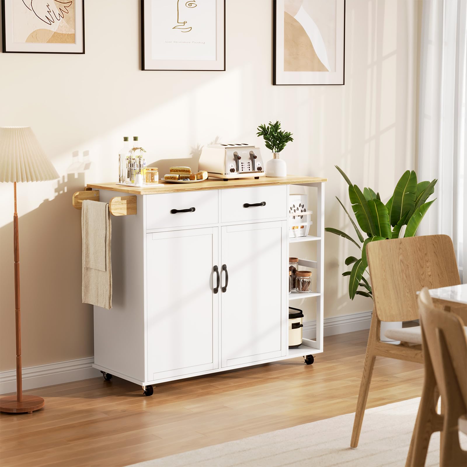 Garvee 43.12'' Wide Wood Top Kitchen Island Table with 2 Door Cabinets 2 Storage Drawers, Spice Rack Towel Rack, Wine Rack Kitchen Push Table with Folding Leaf Roller