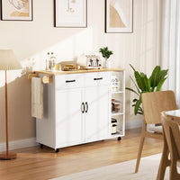 Garvee 43.12'' Wide Wood Top Kitchen Island Table with 2 Door Cabinets 2 Storage Drawers, Spice Rack Towel Rack, Wine Rack Kitchen Push Table with Folding Leaf Roller