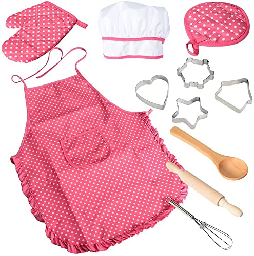 Garvee 11-Piece Kids Chef Pretend Kitchen Playset – Includes Rose Red Apron, Chef Hat, Cooking Mitt & Cookie Cutters – Fun Role Play & Baking Tools for Girls, Ideal Birthday & Christmas Gift (Color: System default_1)