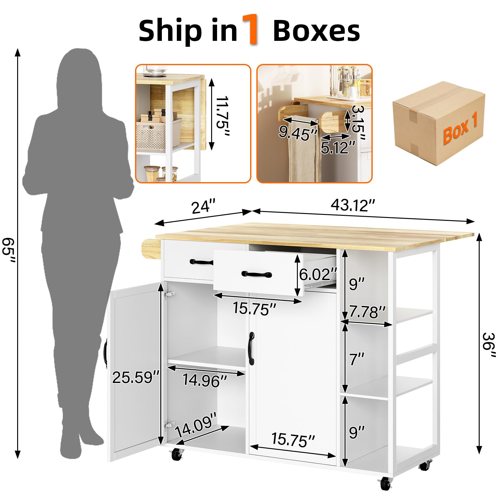 Garvee 43.12'' Wide Wood Top Kitchen Island Table with 2 Door Cabinets 2 Storage Drawers, Spice Rack Towel Rack, Wine Rack Kitchen Push Table with Folding Leaf Roller