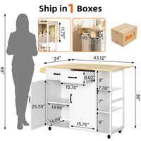 Garvee 43.12'' Wide Wood Top Kitchen Island Table with 2 Door Cabinets 2 Storage Drawers, Spice Rack Towel Rack, Wine Rack Kitchen Push Table with Folding Leaf Roller