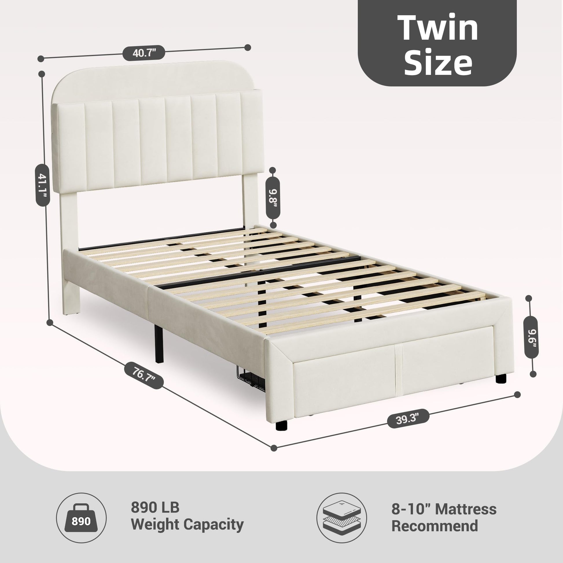 Garvee Twin Bed Frame with Drawer, Velvet Upholstered Platform Bed Frame with Storage Headboard, No Box Spring Needed, Easy Assembly, Noise-Free, Off White