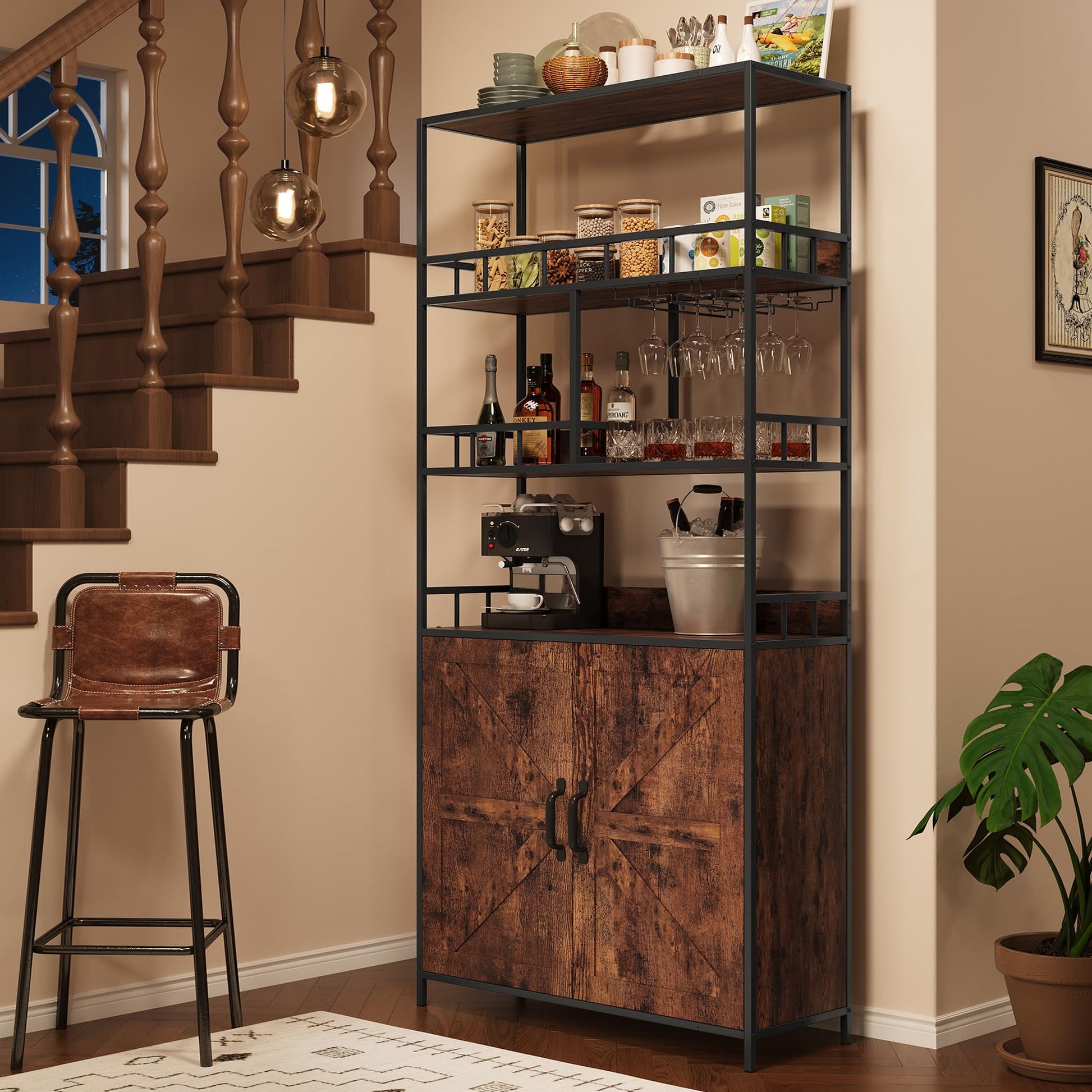 Garvee Tall Bar Cabinet 70.8" in Wine Cabinet Freestanding Liquor Cabinet with Goblet Holder 5 Tier Bakers Rack with Cabinet Large Baker Rack with Storage Standing Microwave Stand Wine Rack