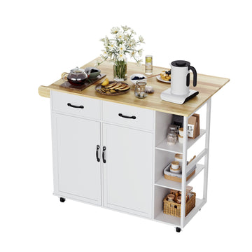 Garvee 43.12'' Wide Wood Top Kitchen Island Table with 2 Door Cabinets 2 Storage Drawers, Spice Rack Towel Rack, Wine Rack Kitchen Push Table with Folding Leaf Roller