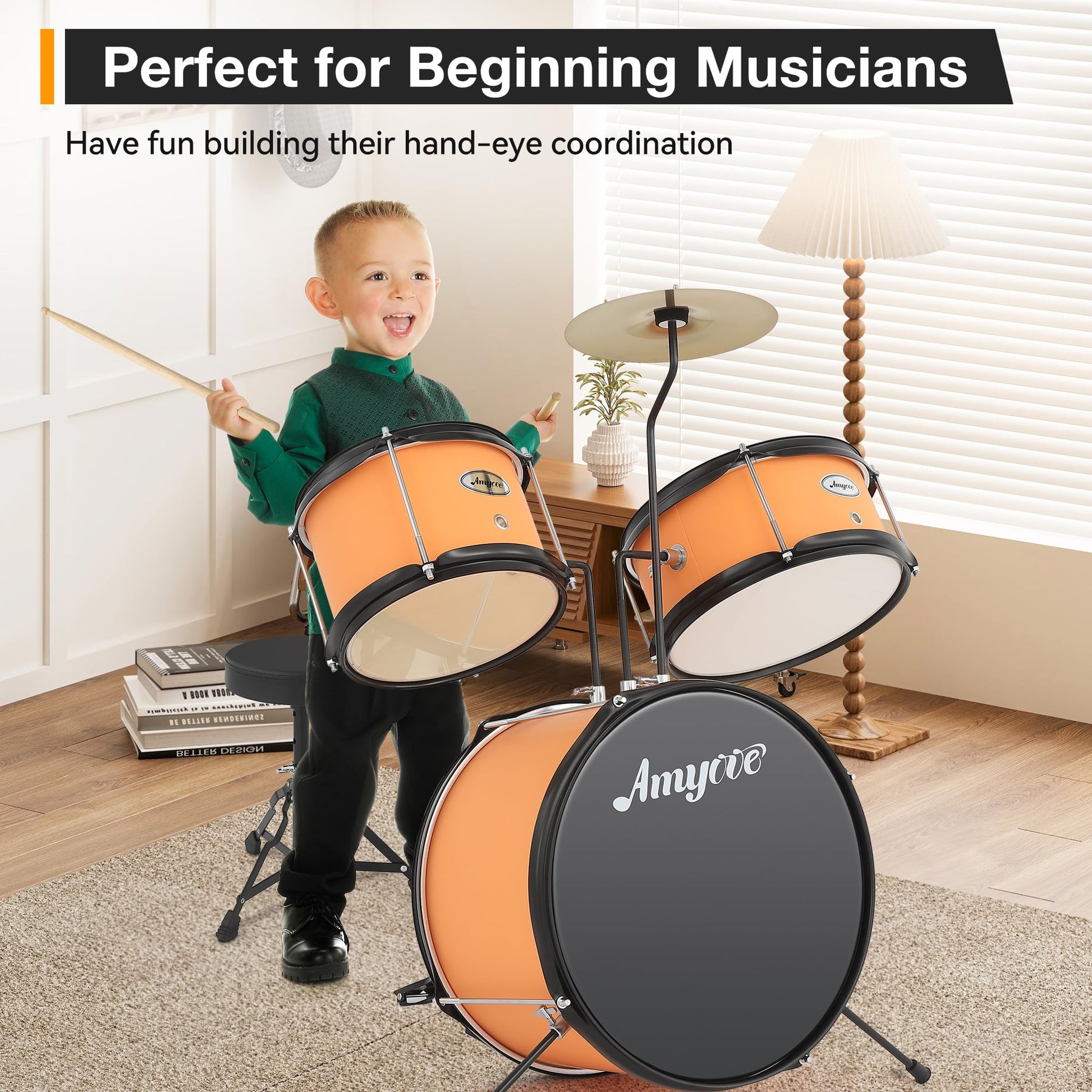 Garvee Drum Set for Beginners, 3-Piece Drum Set, Kids Drum Set with Bass Drum, 8" Suspended Cymbal, Stool, Drumsticks, Pedal