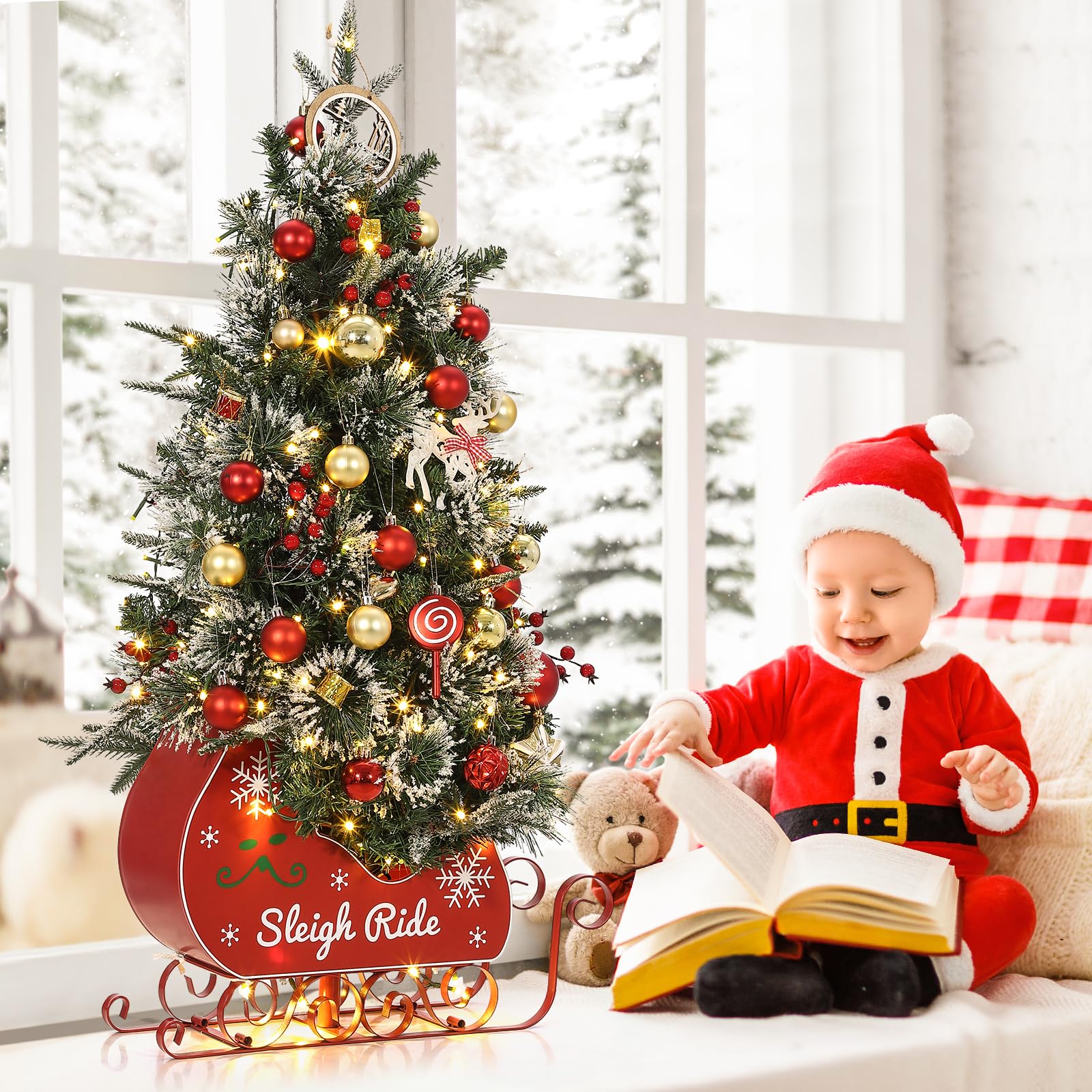 Garvee 3ft Christmas Tree with 78 Lights, Pre-Lit Artificial Desktop Xmas Tree with 8 Mode Includes Red Berries & Sleigh Base for Holiday Indoor DIY Christmas Decor, 1 PCS