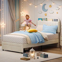 Garvee Twin Bed Frame with Drawer, Velvet Upholstered Platform Bed Frame with Storage Headboard, No Box Spring Needed, Easy Assembly, Noise-Free, Off White